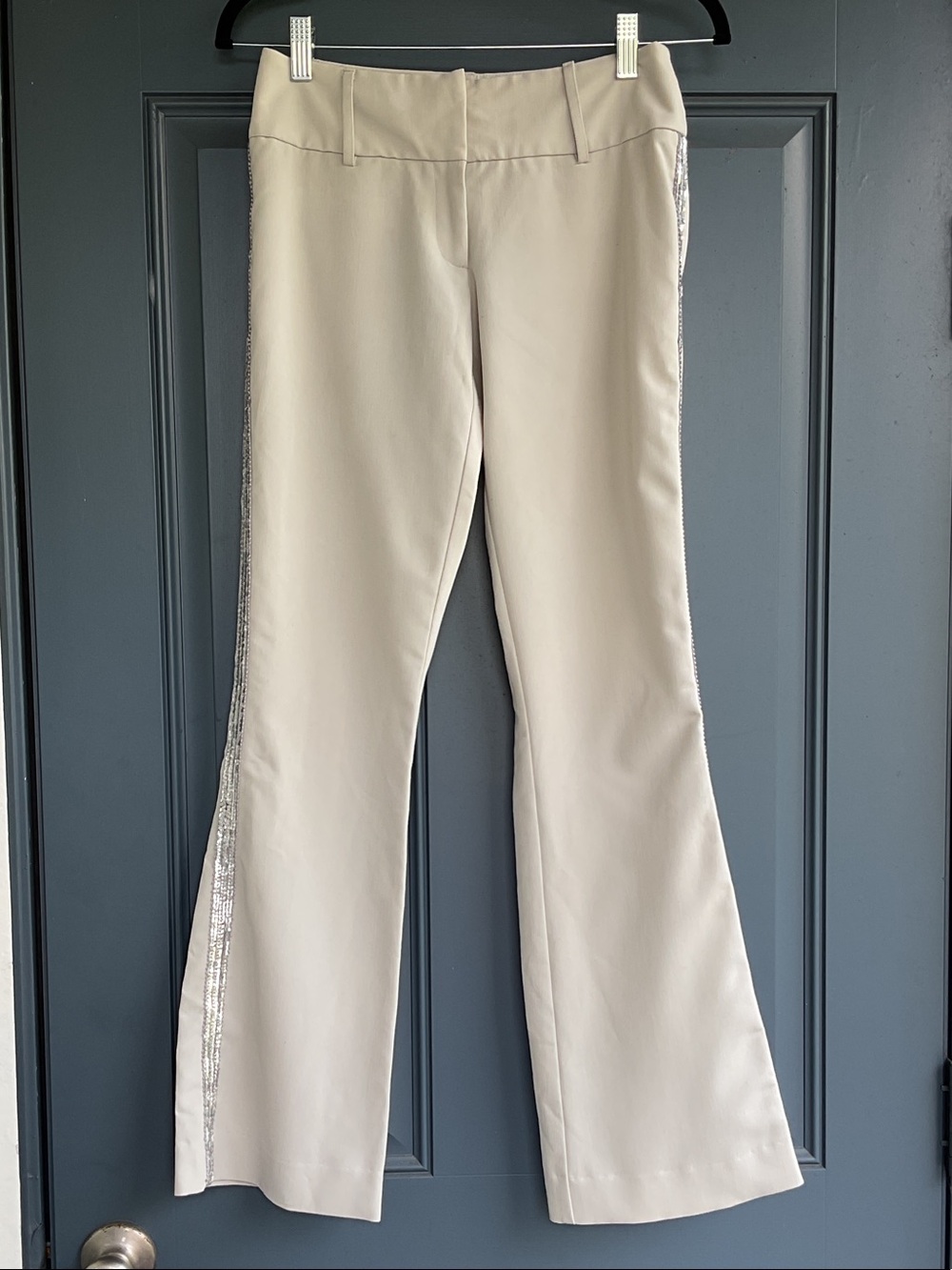 Cache Cream Bootcut Pants with Silver Sequin Side Trim, Size 0